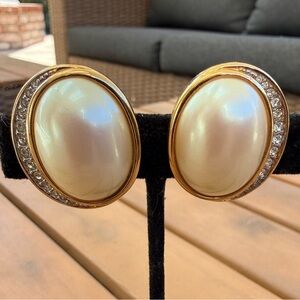 Vintage Nina Ricci Gold Tone Faux Pearl Rhinestone Clip On Statement Earrings